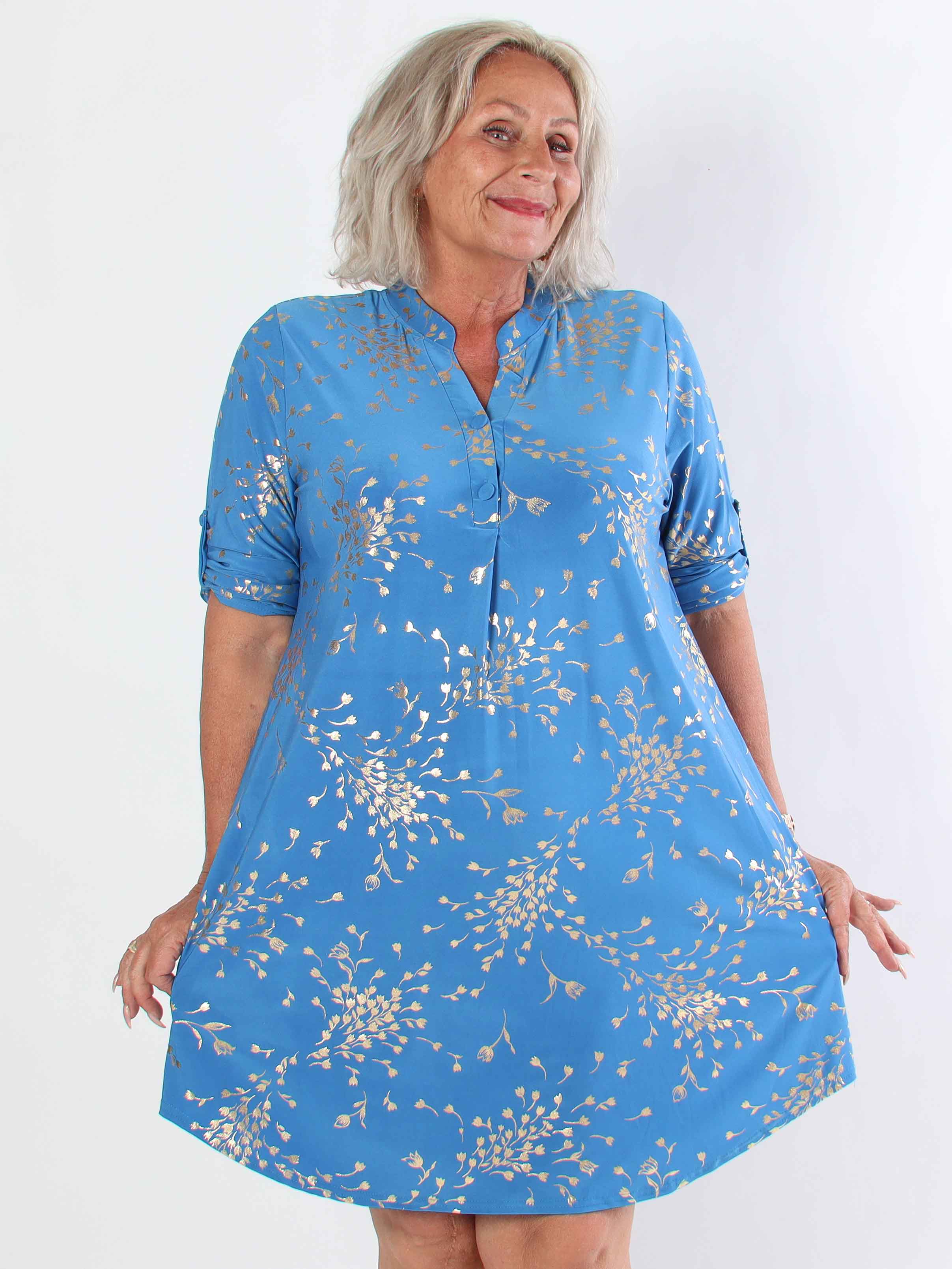 Ebba Gold Leaf Long - Elastisk ensfarvet plus size kjole med guld blomsterprint